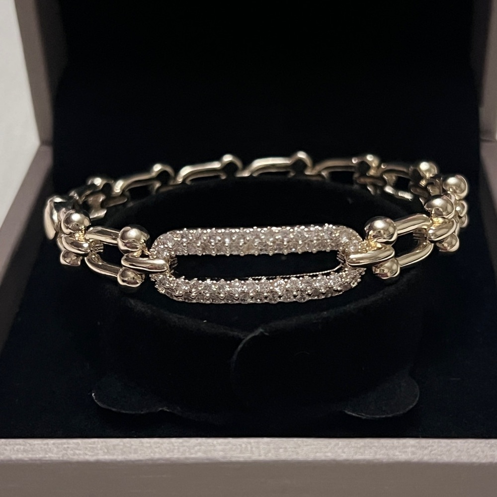 Gold and Pave Link Bangle Bracelet